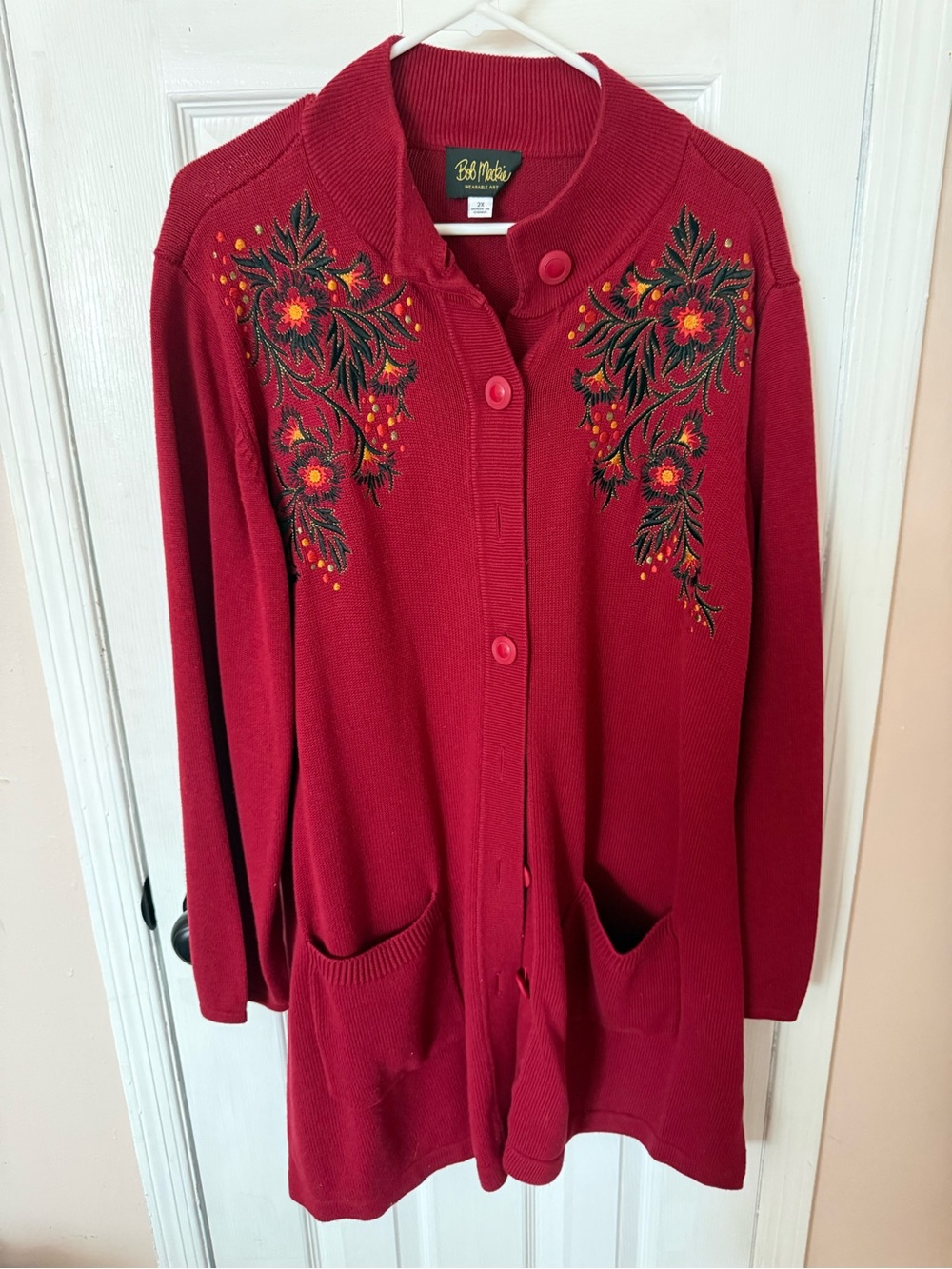 Bob Mackie Red Floral Embroidered Button Cardigan